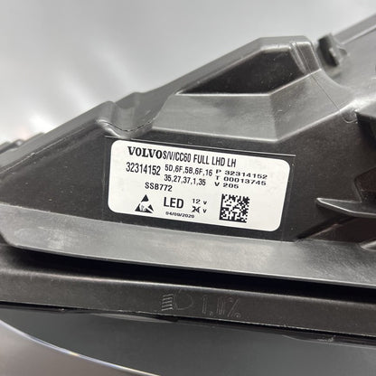 32314152 VOLVO S60 HEADLIGHT V60 LEFT DRIVER 2019 2020 2021 2022 FULL LED OEM 32314152