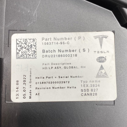 1563714-95-C TESLA MODEL S PLAID HEADLIGHT RIGHT PASSENGER 2021 2022 2023 BLACK 1563714-95-C