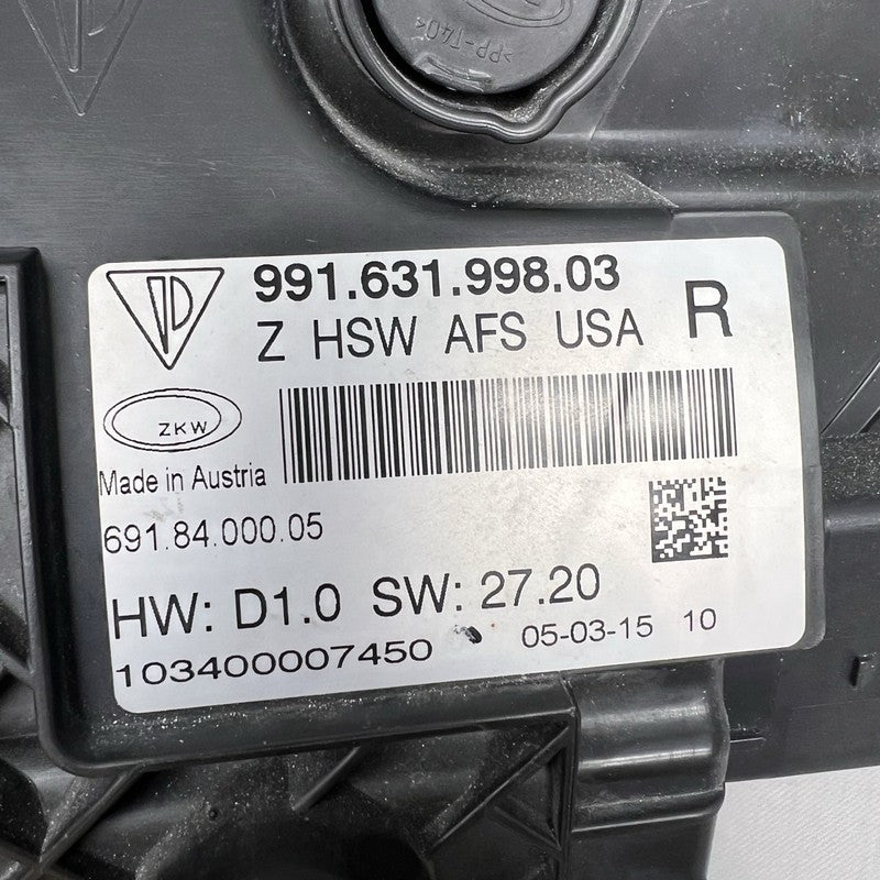 99163199803 PORSCHE 911 CARRERA GTS HEADLIGHT RIGHT PASSENGER2014 2015 2016 BI XENON OEM