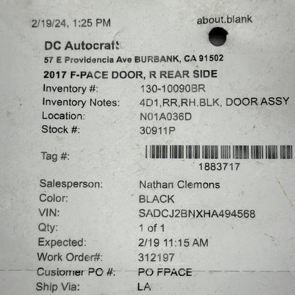 BT32-224A44 JAGUAR F-PACE DOOR HANDLE RIGHT REAR 2017 2018 2019 2020 OEM BT32-224A44