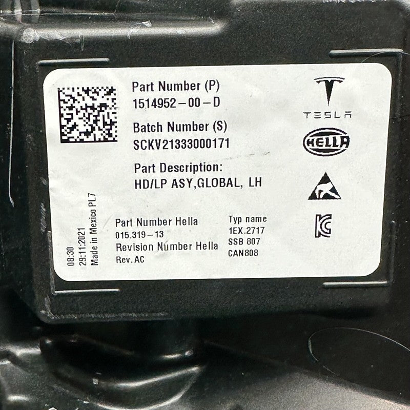 1514952-00-D TESLA MODEL 3 HEADLIGHT LEFT DRIVER 2021 2022 2023 LED OEM 1514952-00-D