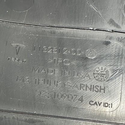 1132812-00-A TESLA MODEL 3 REAR TRUNK GARNISH TRIM COVER PANEL 2017 18 19 20 21 2022 OEM