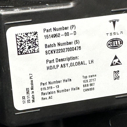 1514952-00-D TESLA MODEL 3 HEADLIGHT LEFT DRIVER 2021 2022 2023 LED 1514952-00-D OEM