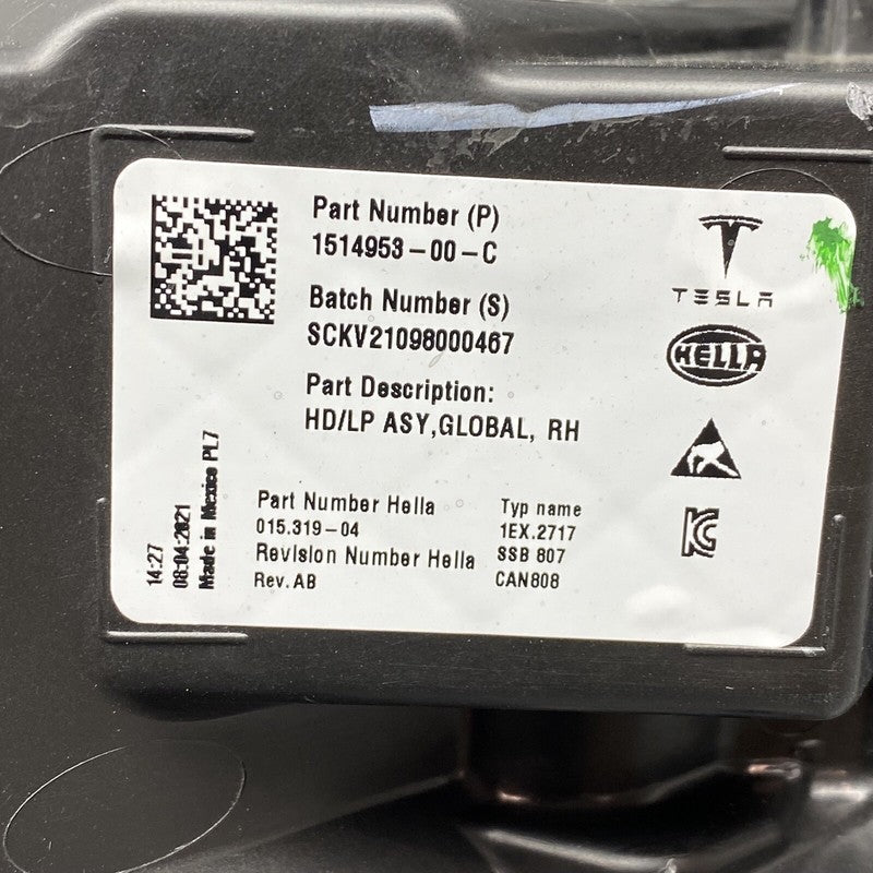 1077371-00-L TESLA MODEL 3 Y HEADLIGHT RIGHT PASSENGER LED 2021 2022 2023 OEM 1514953-00-C