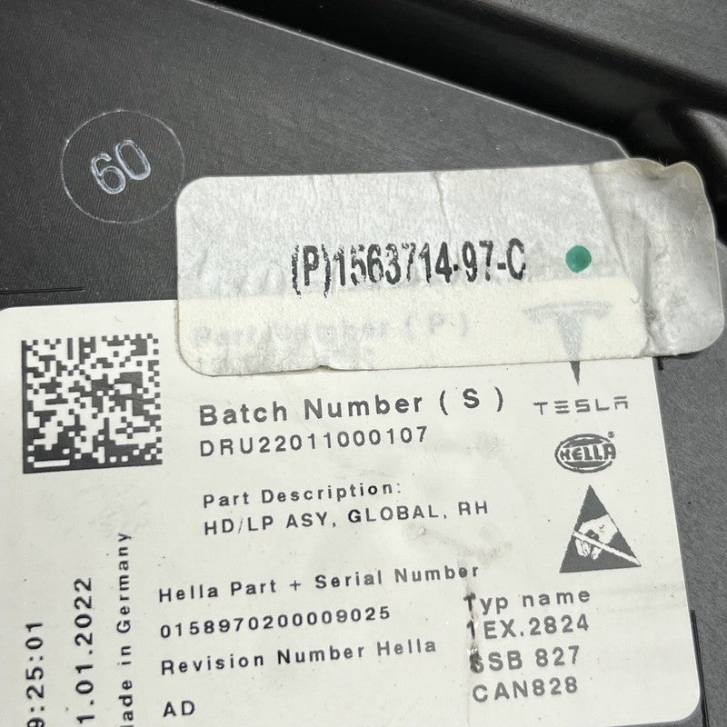 1563714-97-C TESLA MODEL S PLAID HEADLIGHT RIGHT PASSENGER 2021 22 2023 LED OEM 1563714-97-C