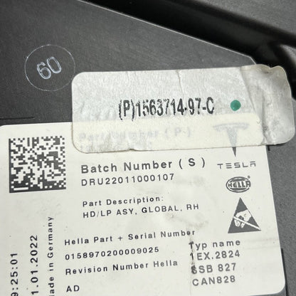 1563714-97-C TESLA MODEL S PLAID HEADLIGHT RIGHT PASSENGER 2021 22 2023 LED OEM 1563714-97-C