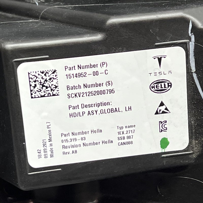 1514952-00-C TESLA MODEL 3 HEADLIGHT LEFT DRIVER 2021 2022 2023 LED OEM 1514952-00-C