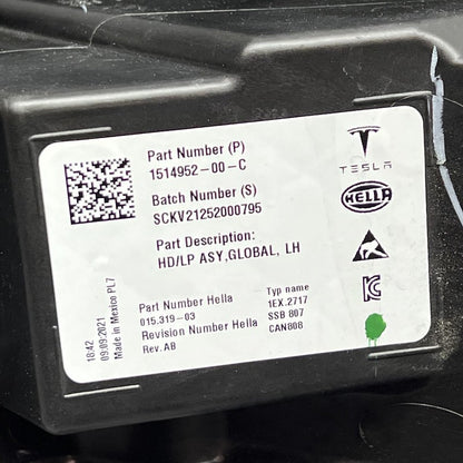 1514952-00-C TESLA MODEL 3 HEADLIGHT LEFT DRIVER 2021 2022 2023 LED OEM 1514952-00-C
