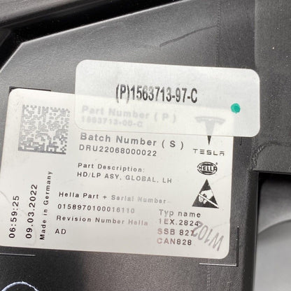 1563713-00-C TESLA MODEL S PLAID HEADLIGHT LEFT DRIVER 2021 2022 2023 BLACK 1563713-00-C
