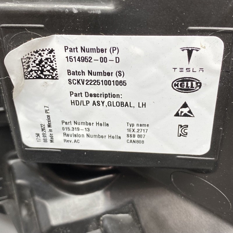 1514952-00-D TESLA MODEL 3 HEADLIGHT LEFT DRIVER LED 2020 2021 2022 2023 OEM 1514952-00-D