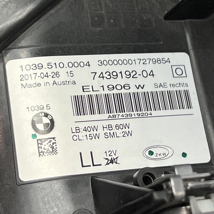 7439192-04 BMW 530 HEADLIGHT RIGHT PASSENGER 2017 2018 2019 2020 XENON HID OEM 7439192-04