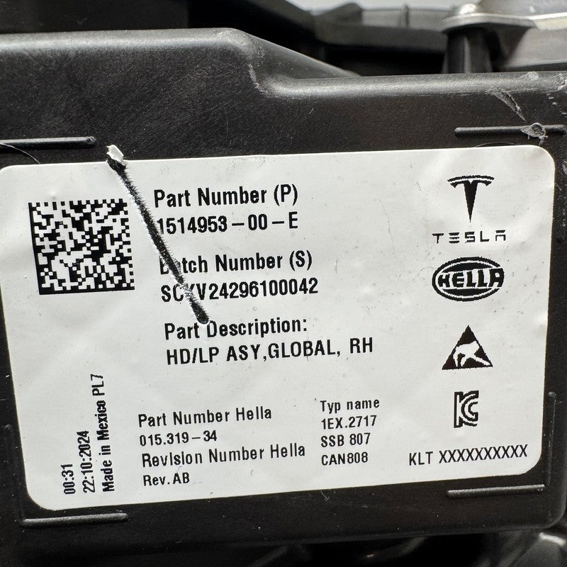 TESLA MODEL 3 Y HEADLIGHT RIGHT PASSENGER OEM 1514953-00-E
